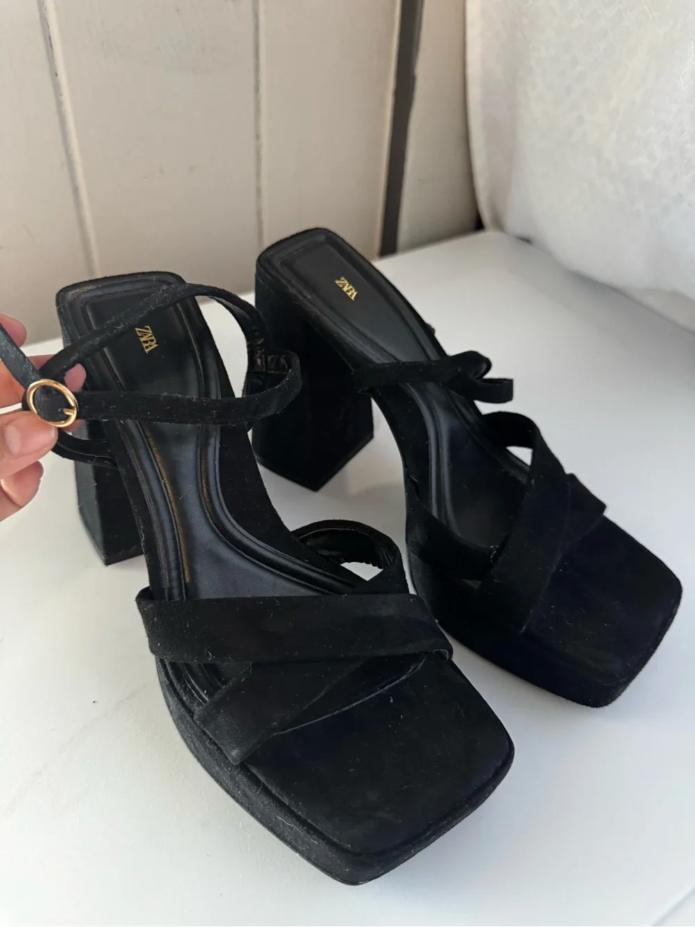 Zara Black Platform Block Heel Sandals with Ankle Strap